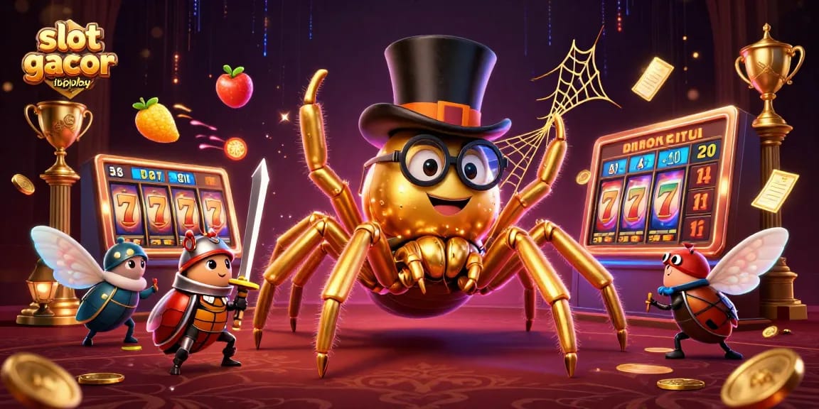 Slot gacor iboplay menggambarkan laba-laba emas raksasa di kasino memikat pemain dengan slot yang mengesankan.