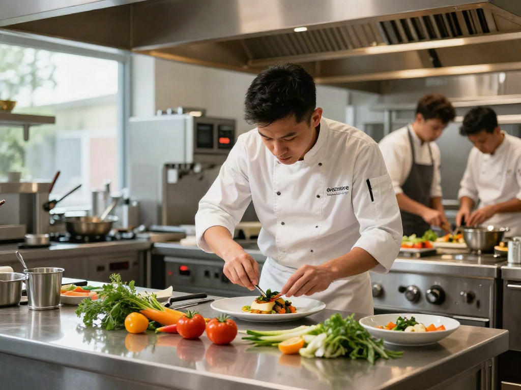 Chef preparing gourmet dish in vibrant kitchen showcasing erecsure food production.