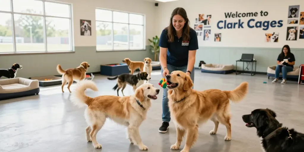 Dog Boarding facility with happy dogs playing and staff interacting in a welcoming environment.