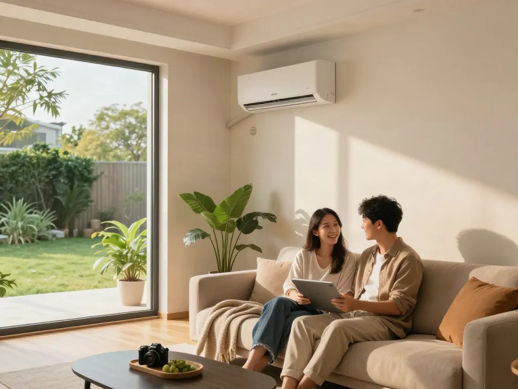 A couple enjoying comfort in a living room with a mini split air conditioner mounted on the wall.