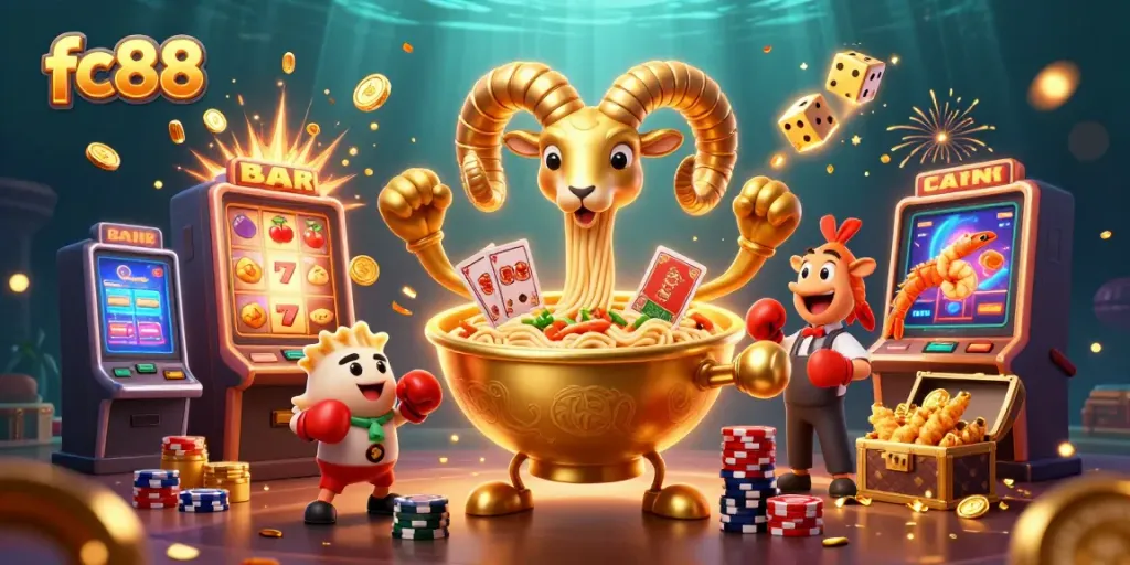 Experience thrilling slot action with fc88 as vibrant characters celebrate wins amidst a stunning casino scene.
