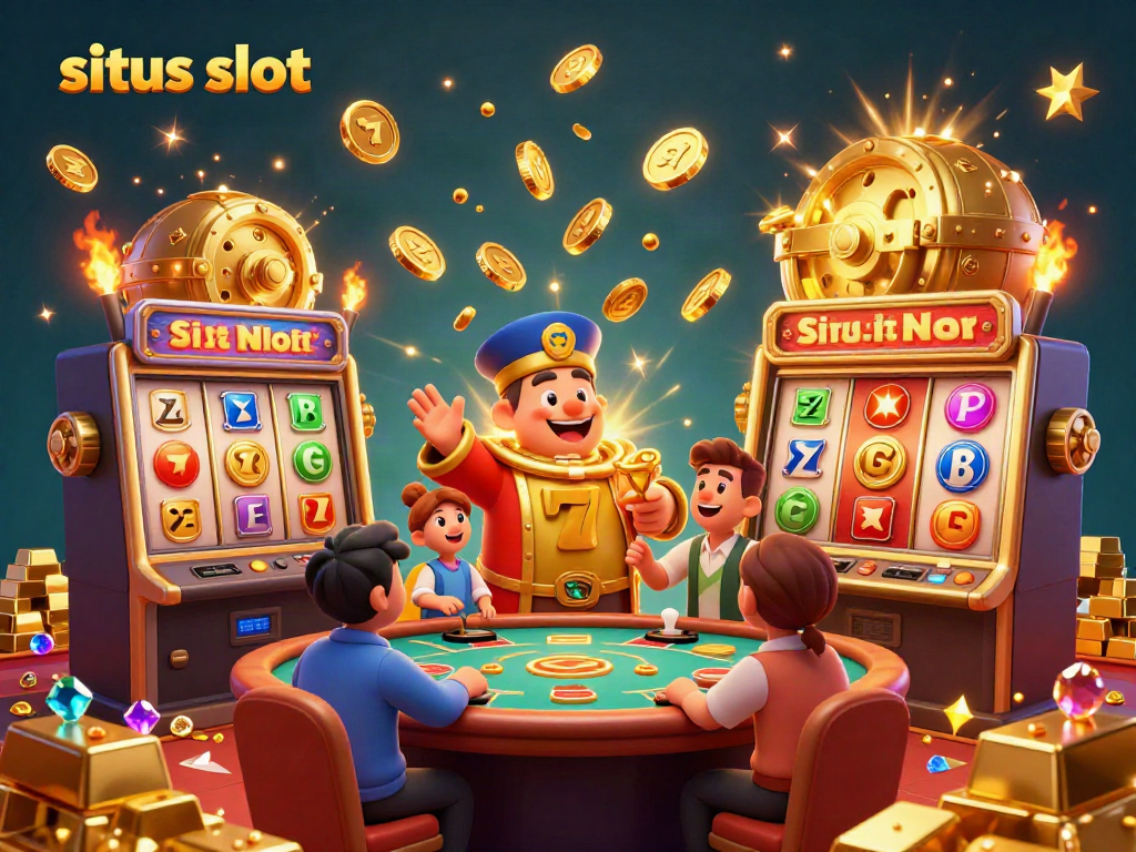 Experience thrills at situs slot with animated slot machines, spinning reels, and vibrant fortune symbols as players engage.