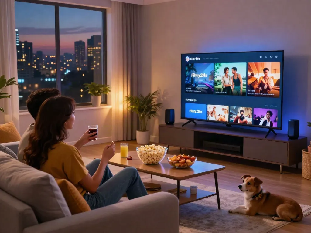 Couple enjoying a movie night with FilmyZilla app on TV, cozy living room setting.